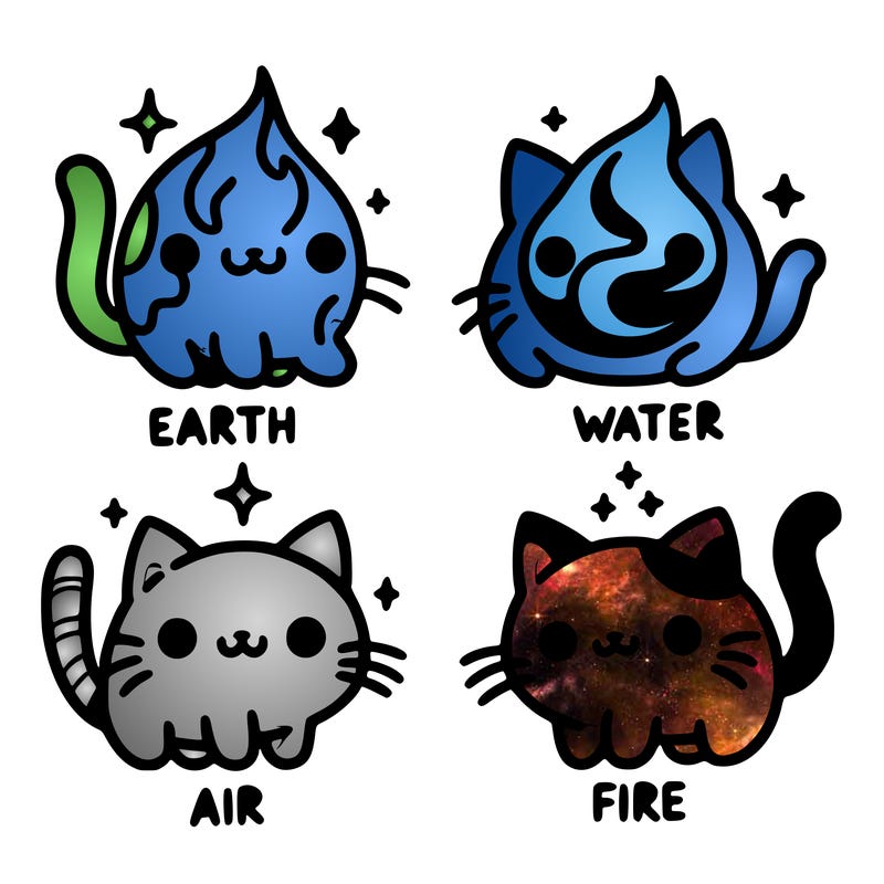 4 cats that represent the different elements, earth, water, air, and fire