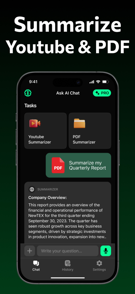 AI Detector | Text Humanizer - Affichage de smartphone montrant la fonction de résumé YouTube et PDF de l'application AI Detector.