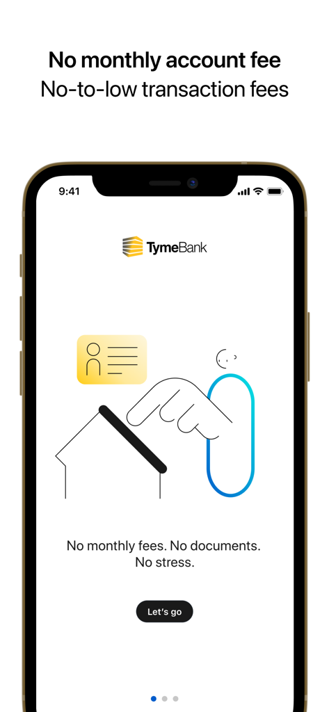 TymeBank-App-Onboarding-Bildschirm mit Meldungen zu Null Monatsgebühren und keinem Papierkram
