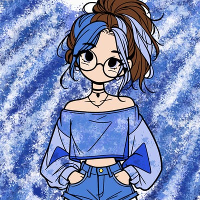 girl with a messy ponytail glasses a baggy crop top and jean shorts