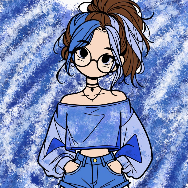 girl with a messy ponytail glasses a baggy crop top and jean shorts