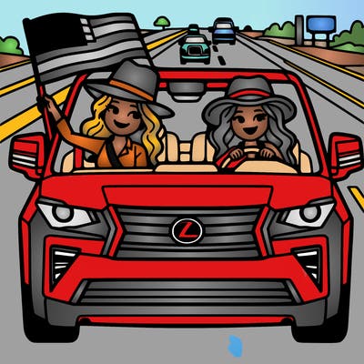 two americans women riding down the freeway in a lexus truck