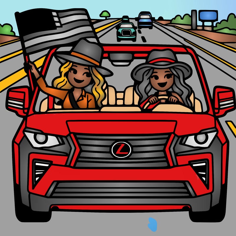 two americans women riding down the freeway in a lexus truck