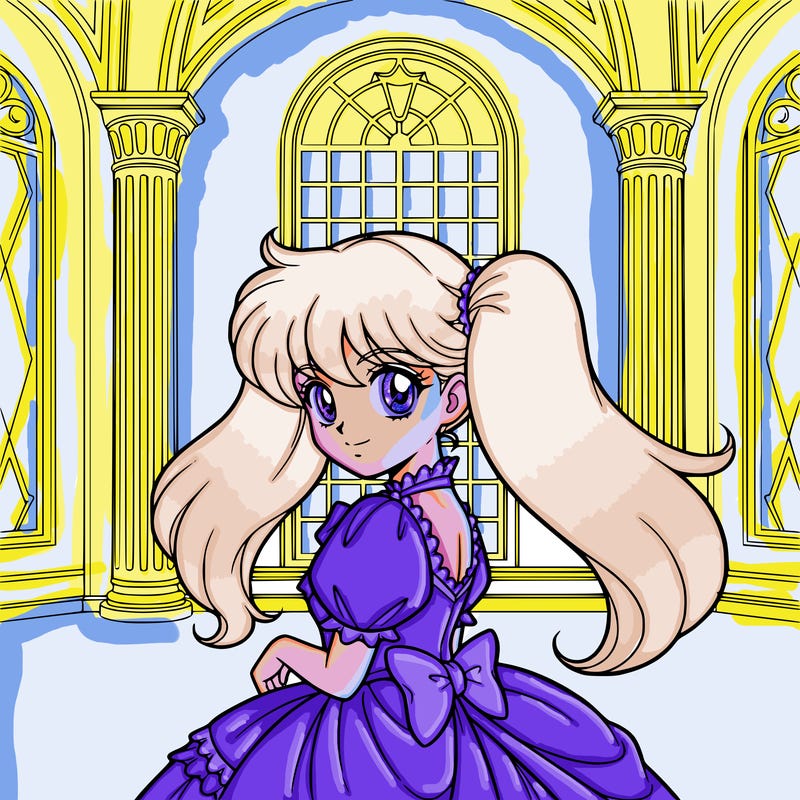 pink anime kawaii princess looking back at me with grand wall and grand window in backround