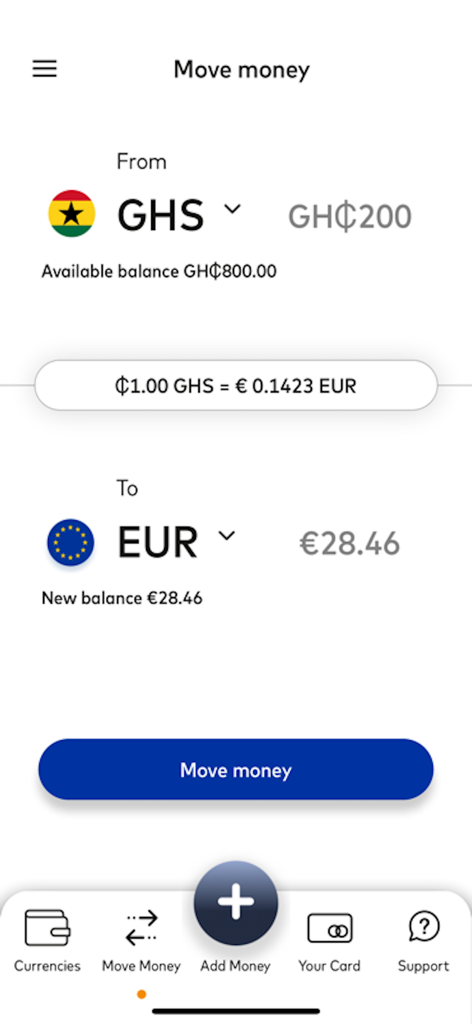 MoneyWallet - MoneyWallet mobile app interface for transferring funds between GHS and EUR wallets