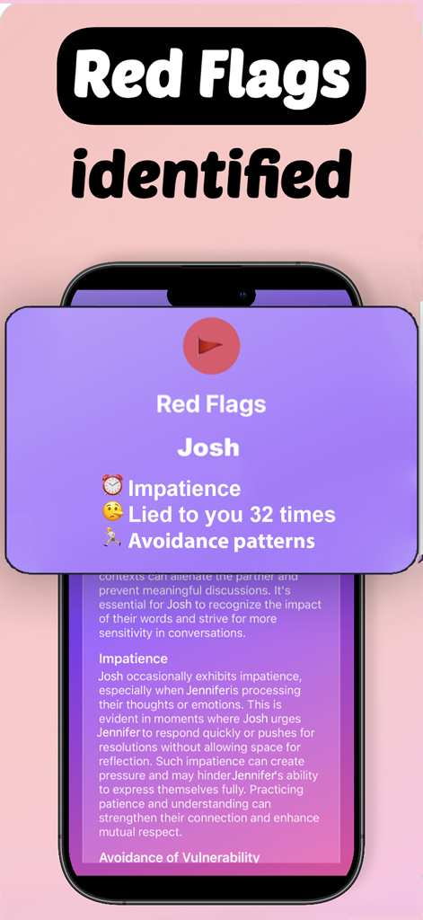 A mobile app screen showing identified red flags such as impatience and lies in a chat conversation.