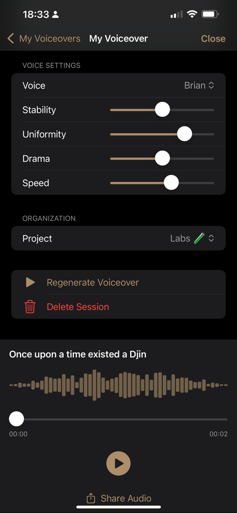 Interfaz de personalización de voz en off de IA con deslizadores de ajuste y forma de onda de audio