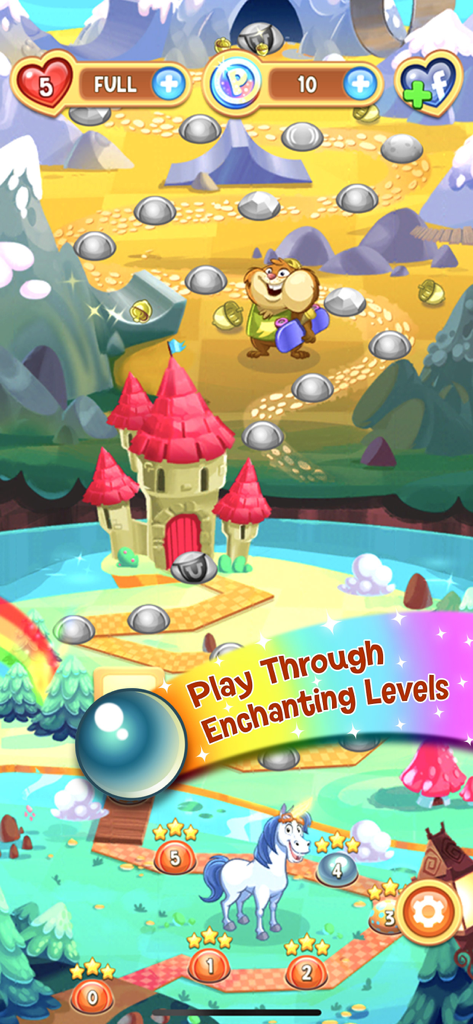 Un colorido mapa de niveles del juego en Peggle Blast mostrando un unicornio, un castillo y caminos de nivel