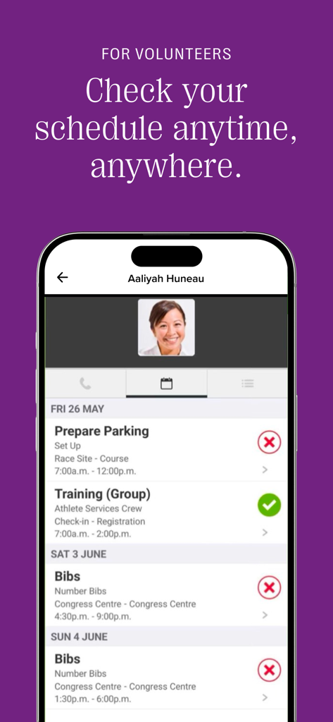 Mobile screen of the Bloomerang Volunteer app showing a personal schedule of upcoming volunteer shifts