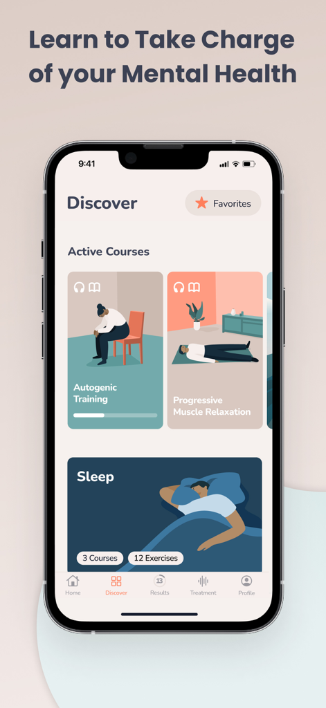 MindDoc app Discover screen showing mental health courses for relaxation and sleep