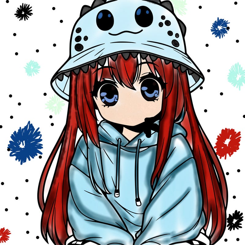 girl with anime shaped eyes with a dinosaur bucket hat oversized sweatshirt long straight hair