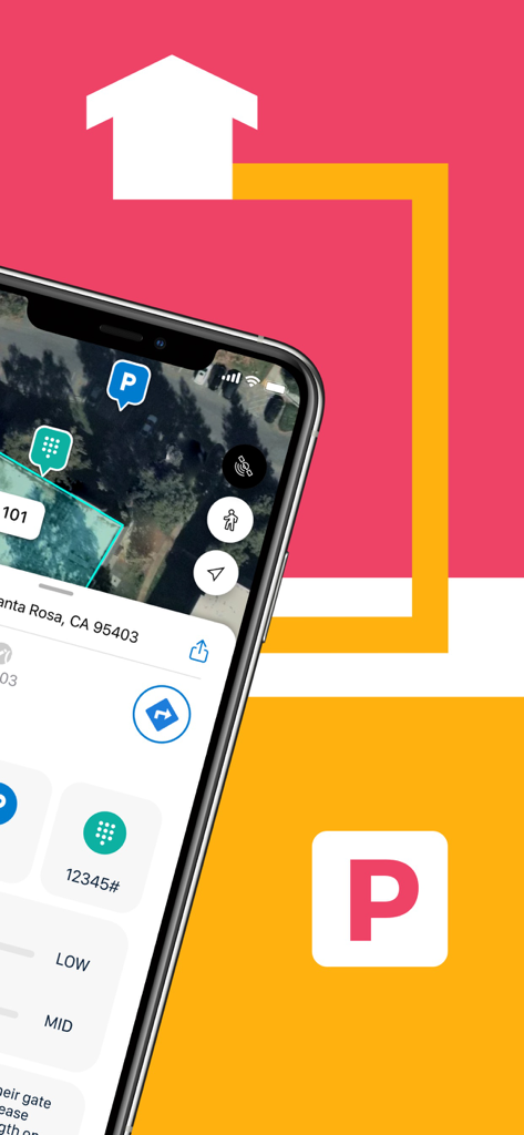 Beans - Maps for Apartments - Smartphone screen showing the Beans Maps app with parking icons and gate code information for delivery drivers
