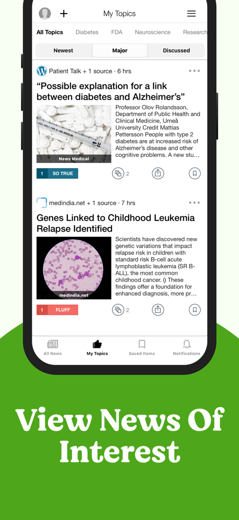 Interfaz de la aplicación móvil que muestra un feed de noticias médicas personalizado con artículos sobre investigación de diabetes y leucemia.