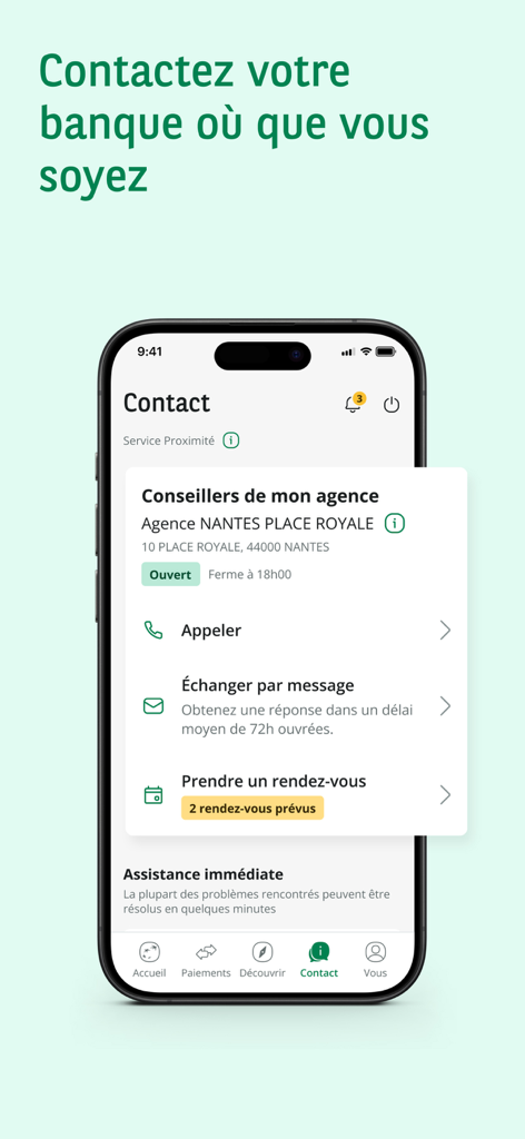 Capture d'écran de l'application mobile BNP Paribas affichant les options de contact pour les conseillers bancaires et le service client.
