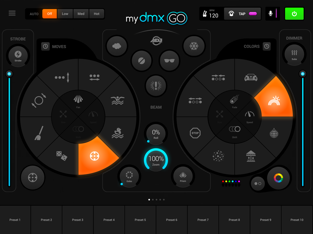 myDMX GO Classic - Schermata di controllo principale dell'app myDMX GO Classic con ruote colore e movimento per effetti di illuminazione