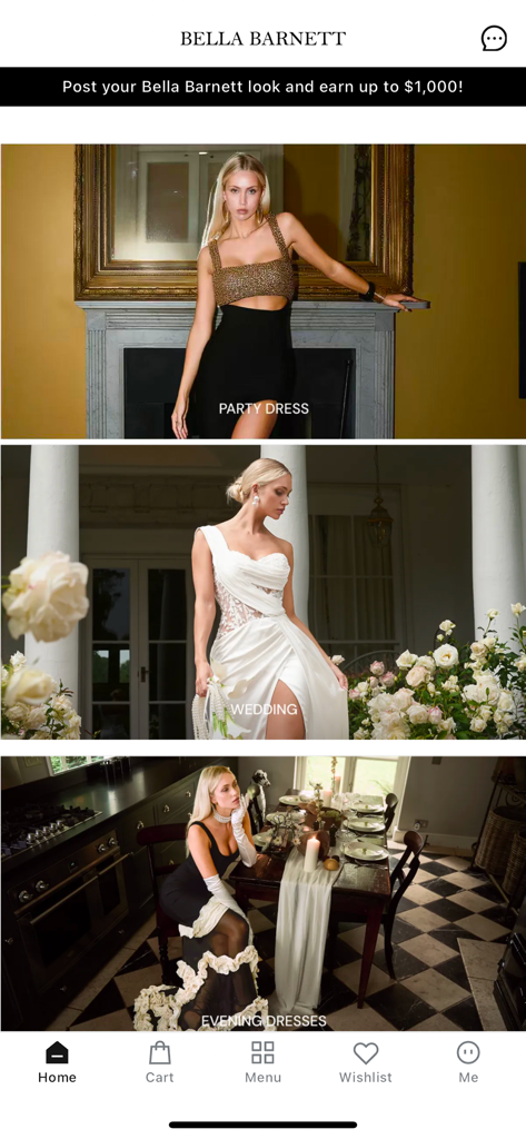 Bella Barnett - Bella Barnett app home screen featuring party wedding and evening dress categories