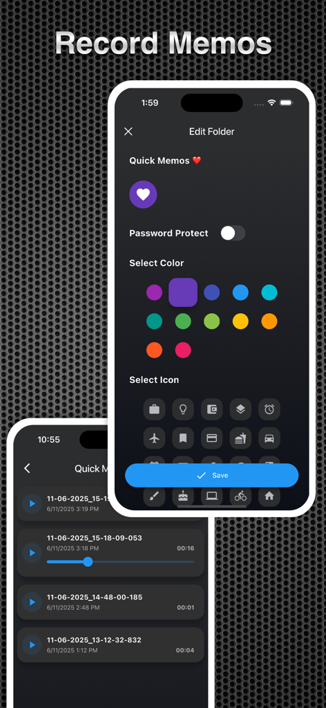 App Secret Pro - Interface para gravar e proteger com senha memorandos de voz no aplicativo cofre App Secret Pro