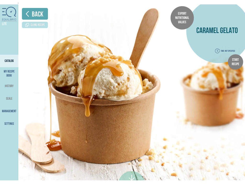 Equilibrio App - Caramel gelato recipe page on the Equilibrio App interface for iPad