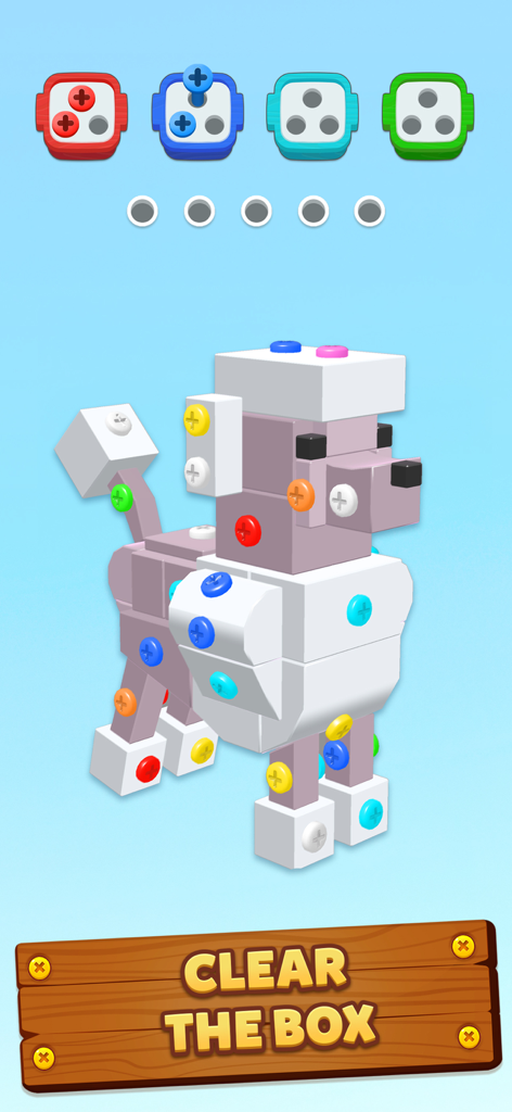 Gameplay di Screwdom che mostra un modello 3D di barboncino e viti colorate da smistare