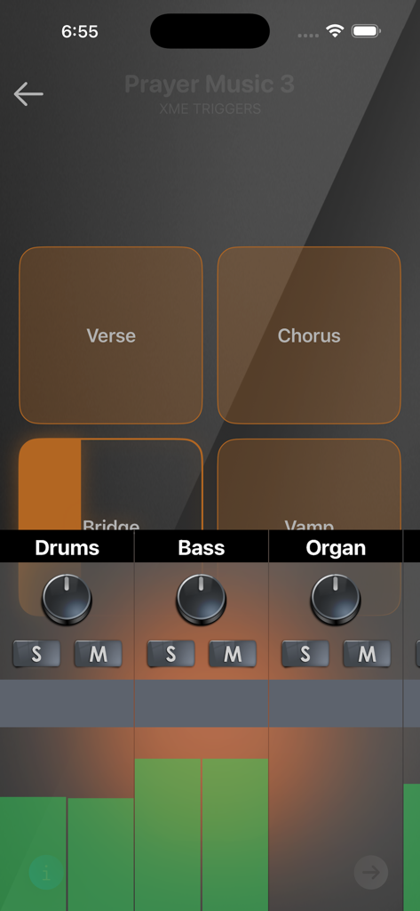 XME TRIGGERS - Interface of XME Triggers app with buttons for verse and chorus and a mixer for drums bass and organ