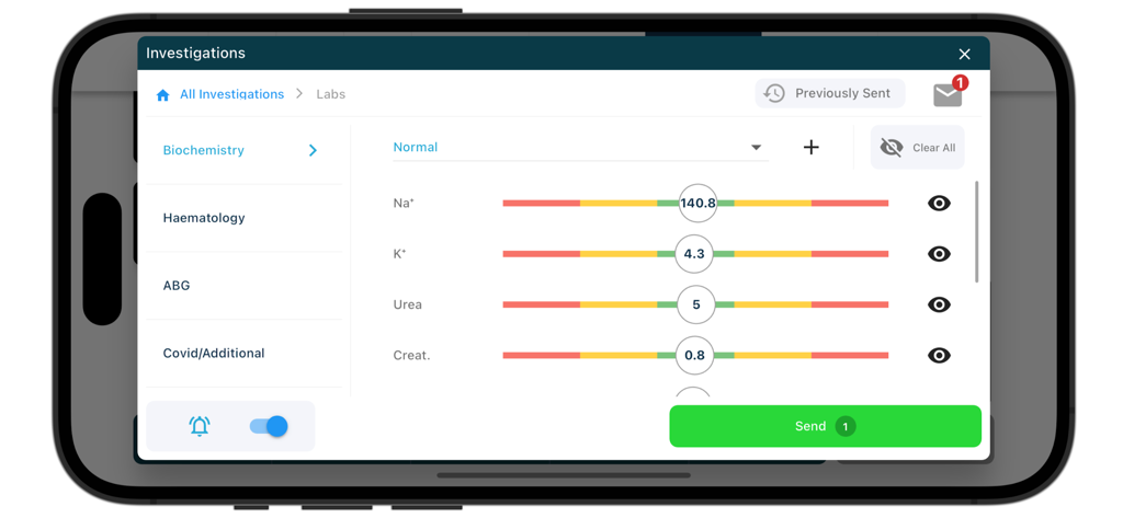 TruMonitor 생화학 검사 화면에 값 범위와 함께 시뮬레이션된 검사 결과 표시