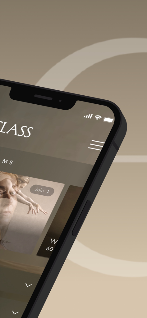 Pantalla de smartphone mostrando la página de inicio de la aplicación de ejercicio somático The Class by Taryn Toomey