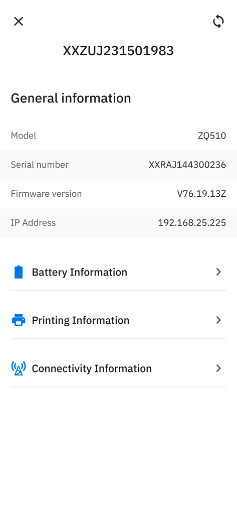 Zebra Printer Setup Utility v3 - General information screen of the Zebra Printer Setup Utility showing printer model and connection details