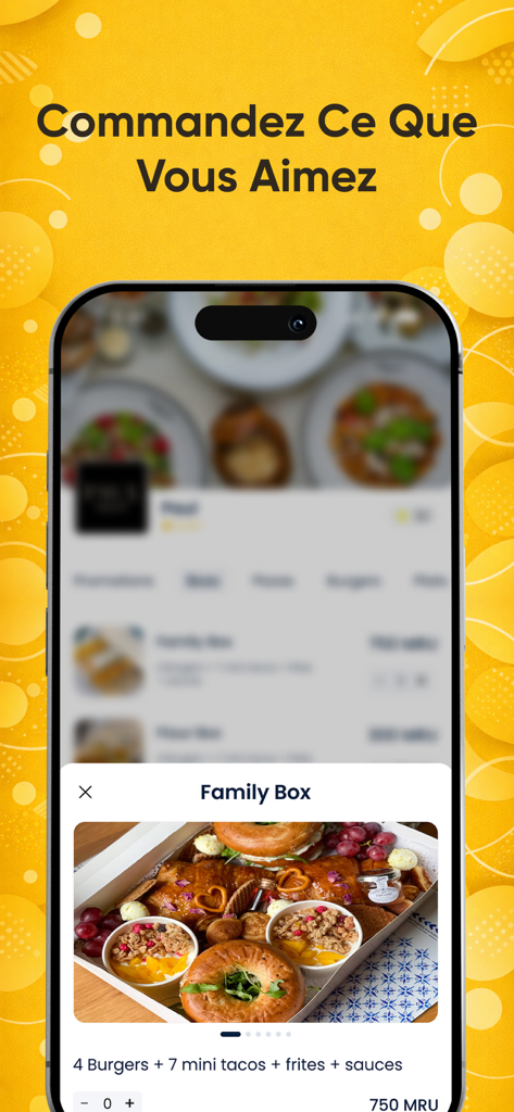 Jemli - Jemli app interface showing a Family Box food order selection on an iPhone.