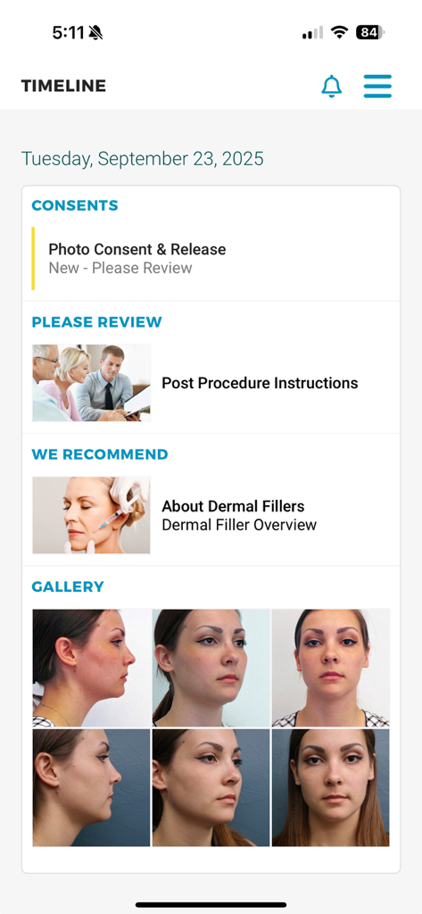 Mobile app screen showing a patient timeline with sections for consents, post-procedure instructions, recommendations, and a personal photo gallery.