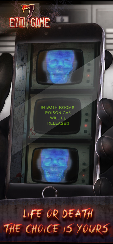 Seven - Endgame - A smartphone screen from the game Seven Endgame showing a life or death decision message about poison gas and skull icons
