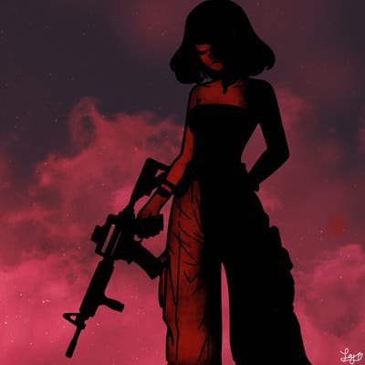 a dangerous girlcrop top and baggy jeans with a rifle in her hand