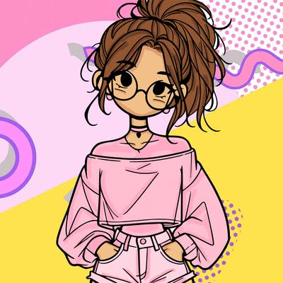 girl with a messy ponytail glasses a baggy crop top and jean shorts