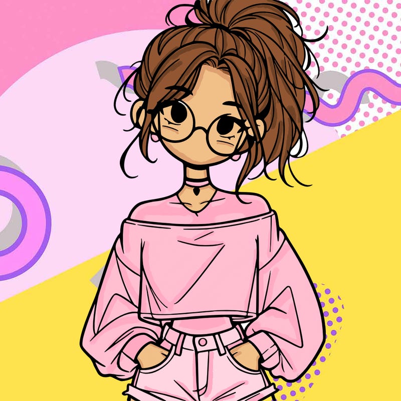 girl with a messy ponytail glasses a baggy crop top and jean shorts