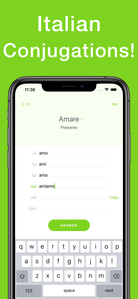 Conjuu - Italian Conjugation - Italian verb conjugation practice on the Conjuu app featuring the verb Amare