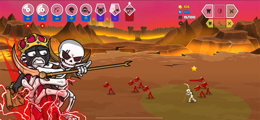 Stick War Saga gameplay showing a king and skeleton warrior leading a stickman army on a desert battlefield.