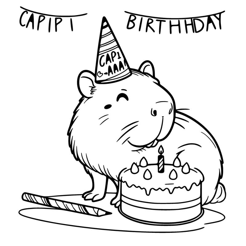 capybara with a cake and a birthday hat that says capibirthday