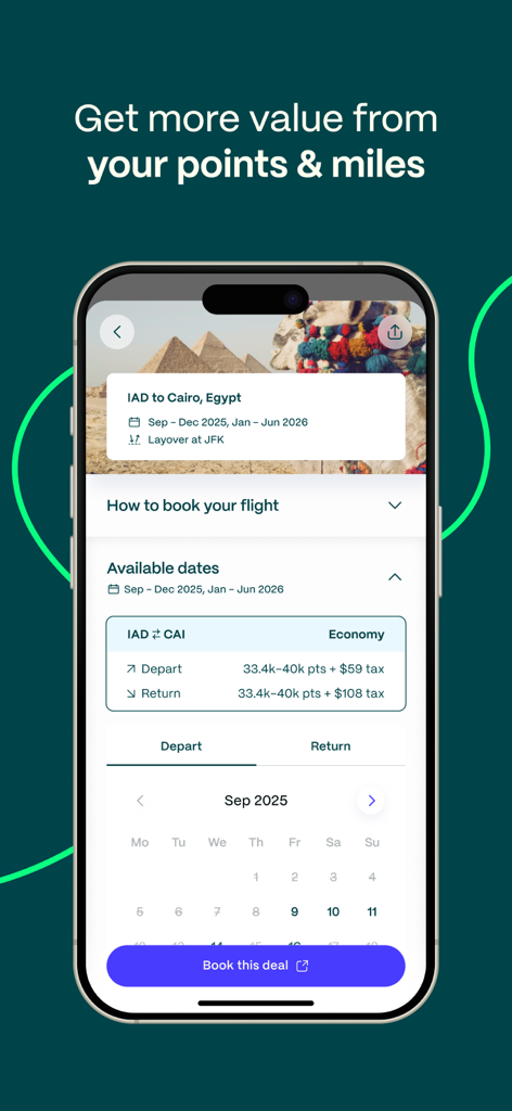 Going app interface showing a flight deal from Washington to Cairo using points and miles