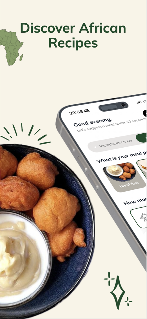 MealCondo app showing Nigerian meal suggestions with a bowl of traditional fried snacks and dip