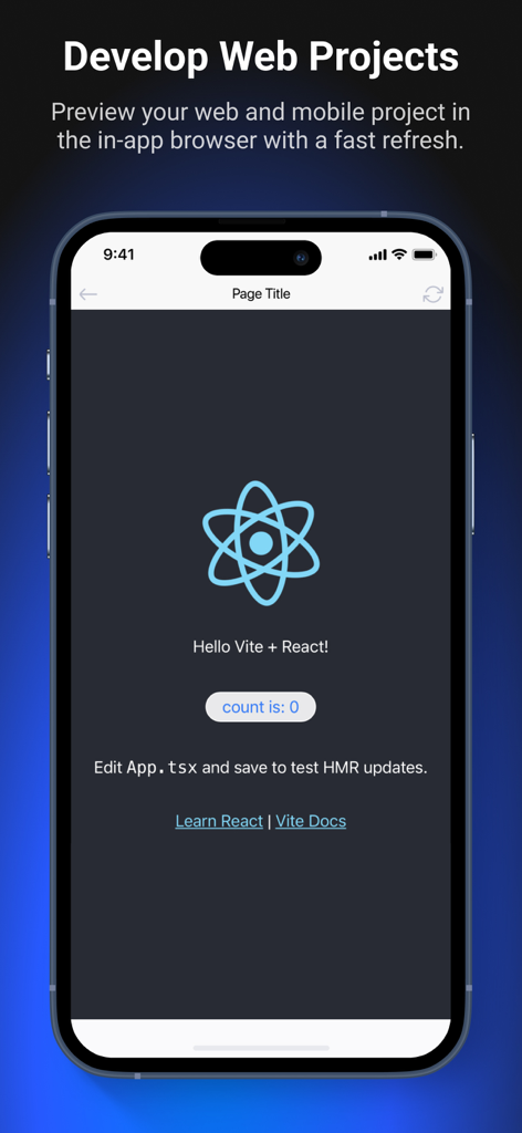 CodeSnack IDE - CodeSnack IDE interface showing a React web project preview on a mobile device