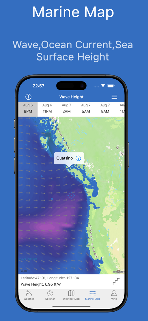 Mobile app interface displaying a marine map with wave height and ocean current data