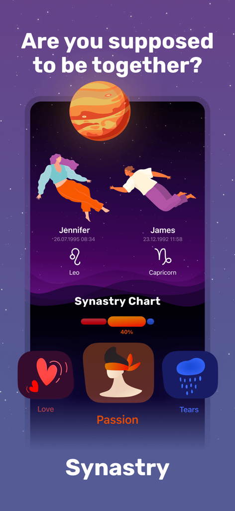 Zodiac Sign Horoscope－Love Lab - Synastry chart interface in the Love Lab app showing zodiac compatibility analysis between two people.