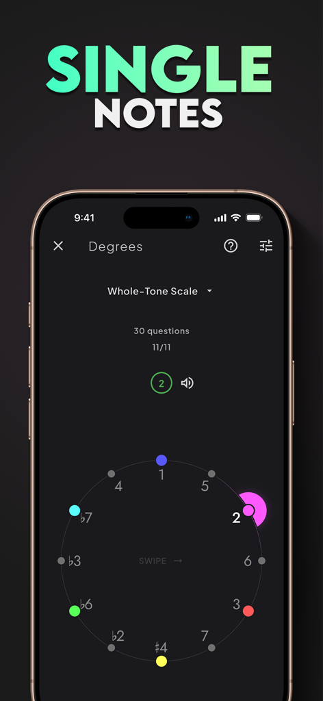Sonofield Ear Trainer - Sonofield Ear Trainer app interface showing the Degrees mode for identifying single notes with a color coded musical scale