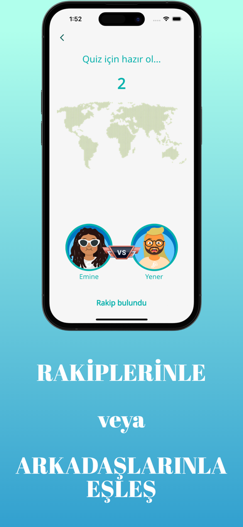 Quizilla - Quizilla mobile app screen showing two players being matched for a 1v1 online trivia duel