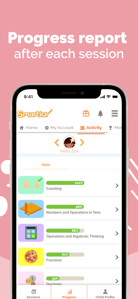 Smartick Kids Learn Math - Smartick app screenshot showing a child's math progress report with percentage bars for topics like counting, fractions, and decimals.