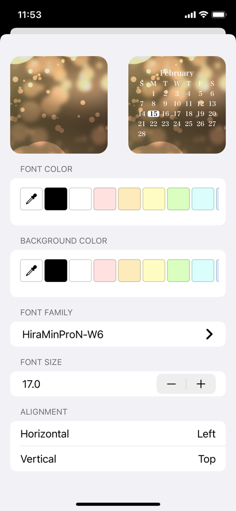 Widgets SD - Photo & Calendar - Customization menu for widget font size color and alignment with calendar preview
