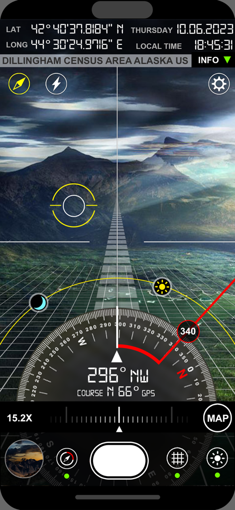 Compass i16 GeoTag GPS Camera - AR viewfinder of Compass i16 app showing GPS coordinates and location data over a landscape