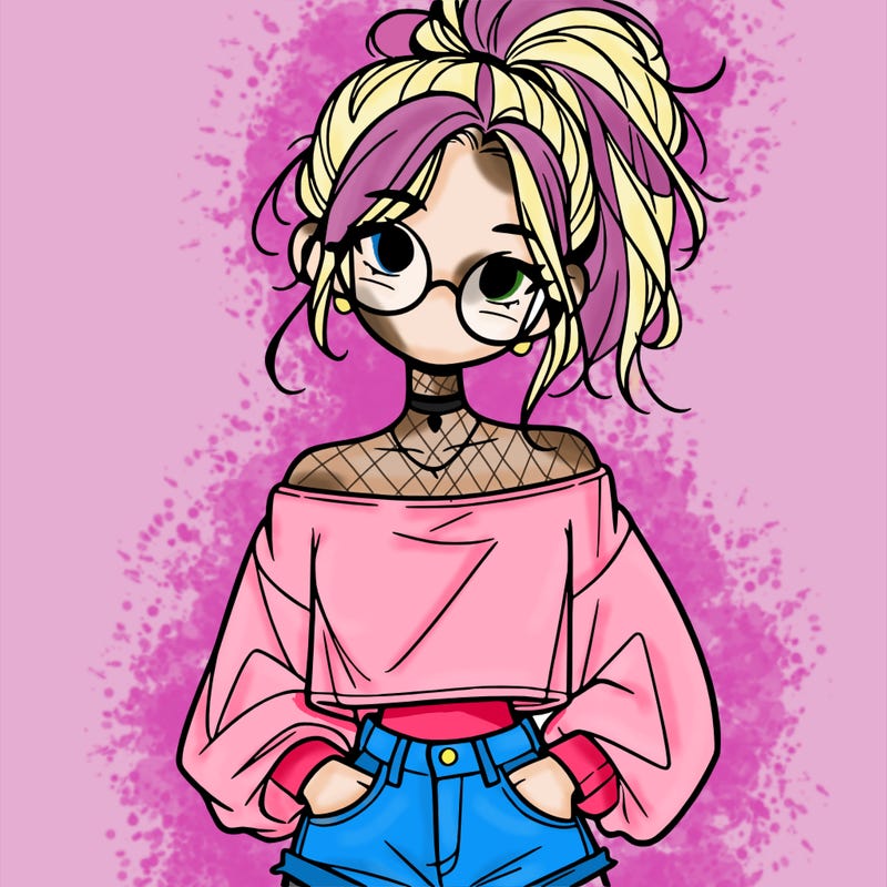 girl with a messy ponytail glasses a baggy crop top and jean shorts