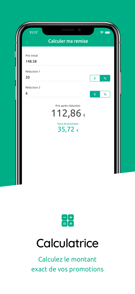 Ma Reduc - Interface of the Ma Reduc app showing a discount calculator for shopping deals