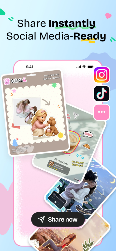 Aesthetic photo collages with stickers and doodles ready for sharing on social media