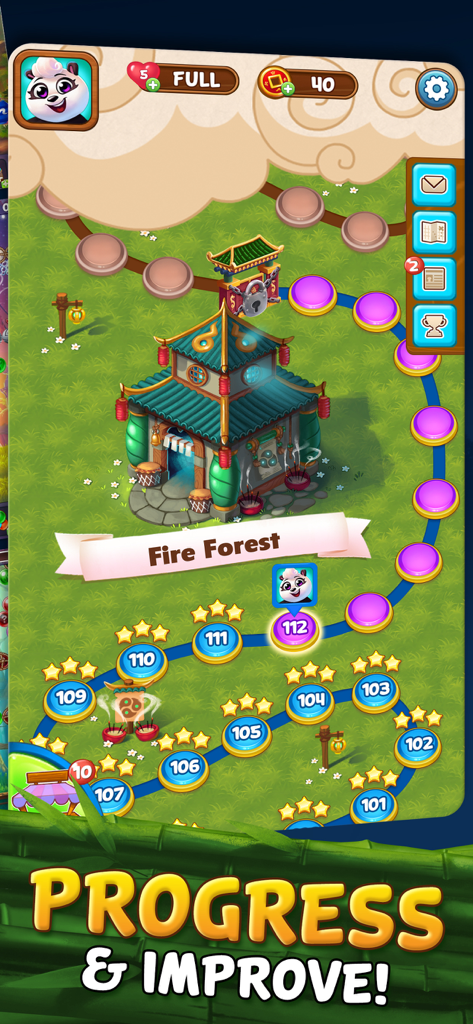Uma captura de tela do Panda Pop mostrando o mapa do nível Fire Forest com estágios de progresso numerados e estrelas ganhas.